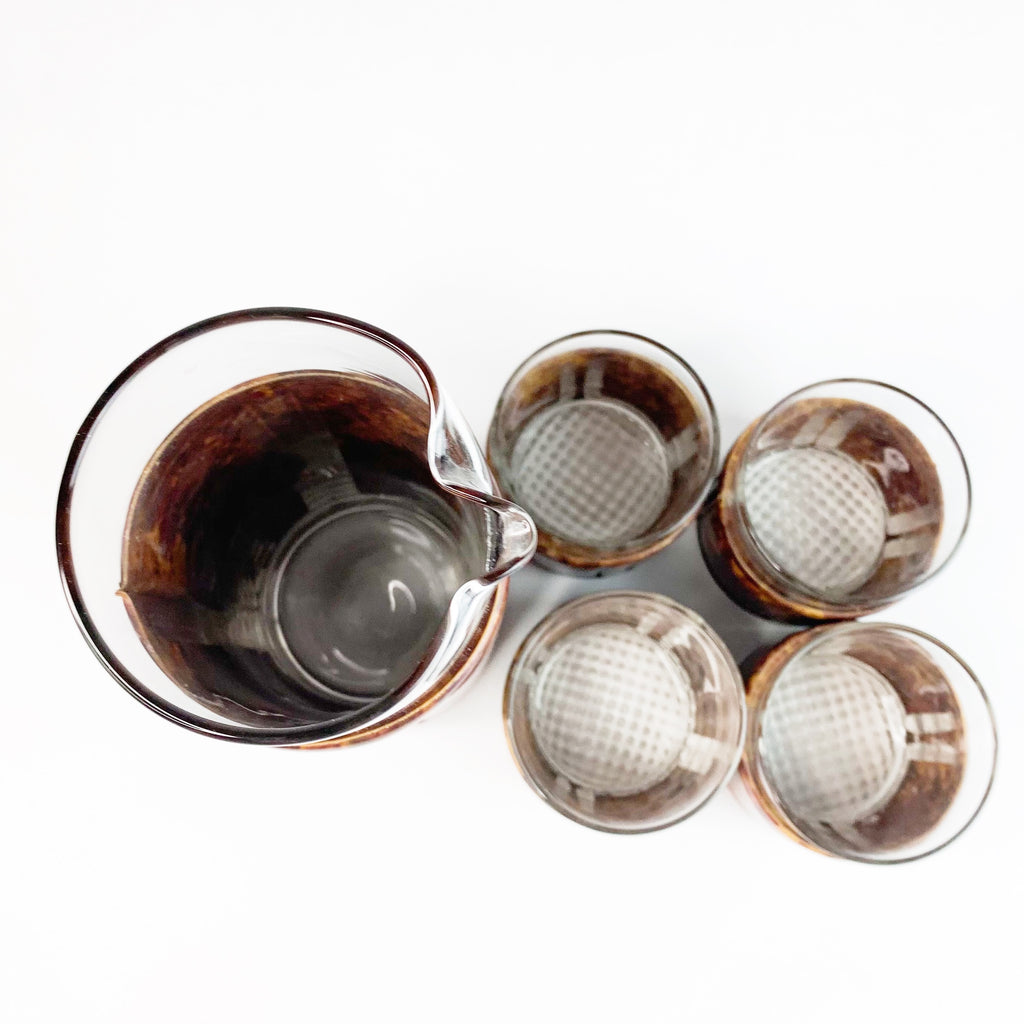 Vintage Tortoise Shell Padded Bar Rocks Glasses & Pitcher