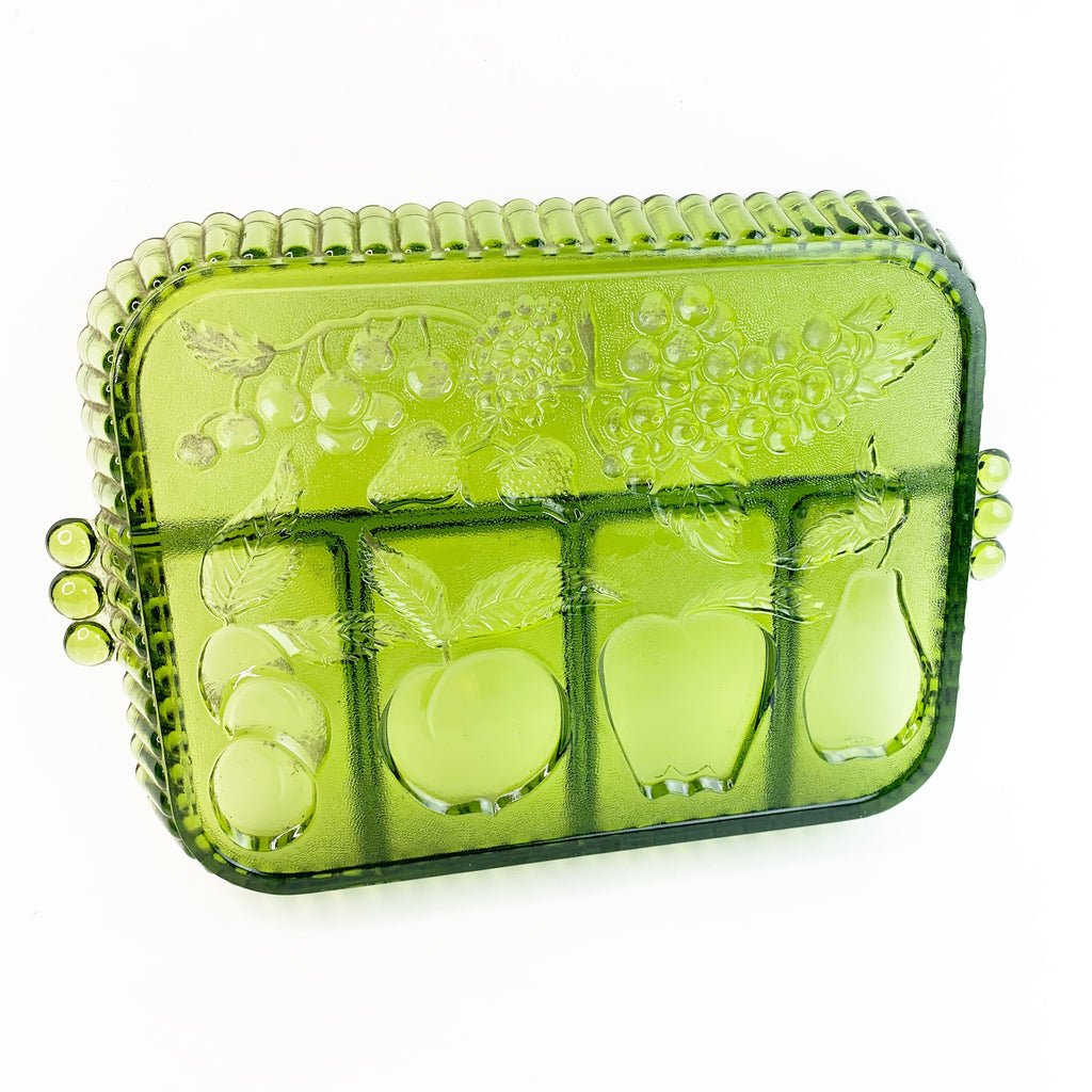Vintage Divided Green Glass Fruit Design Serving Tray