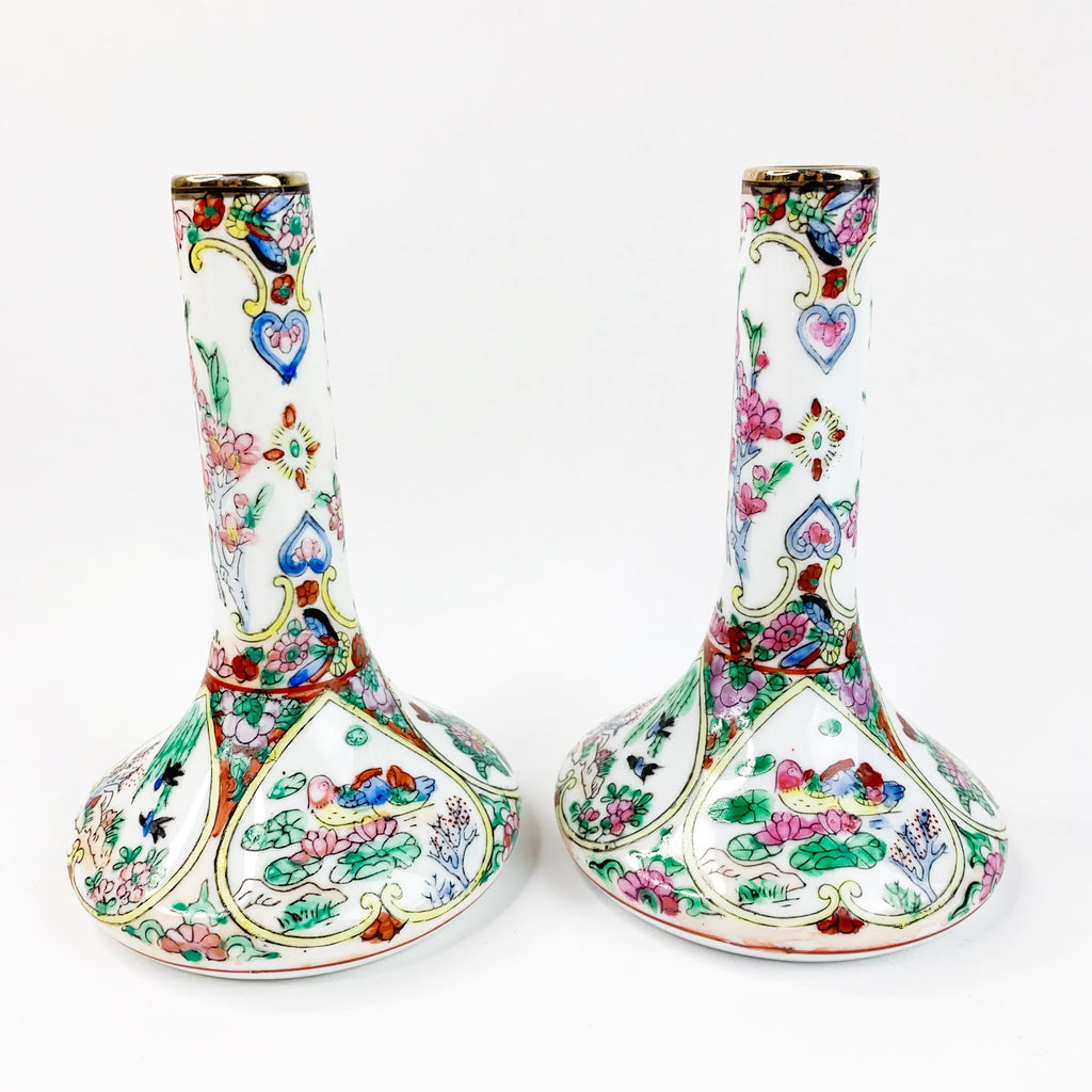 Pair China Chinese Porcelain Rose Bud Bird Heart Pattern Vases