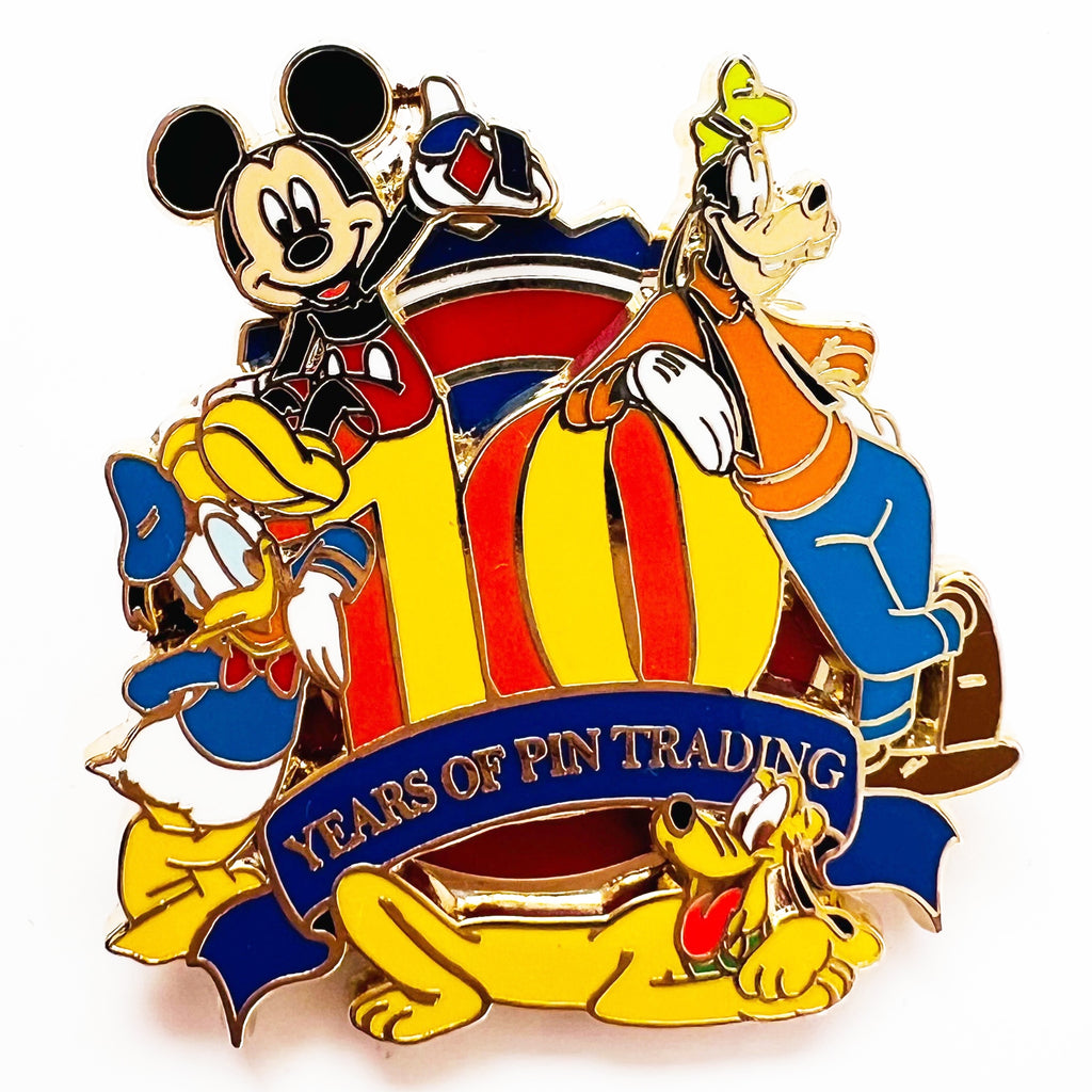 Disney DLR Pin Trading 10th Anniversary Logo Pluto Donald Mickey Goofy Pin
