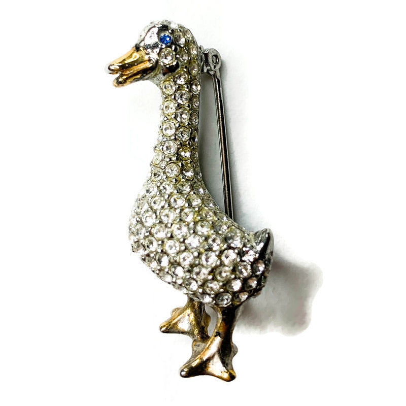 Vintage Rhinestone Blue Eye Duck Brooch Pin