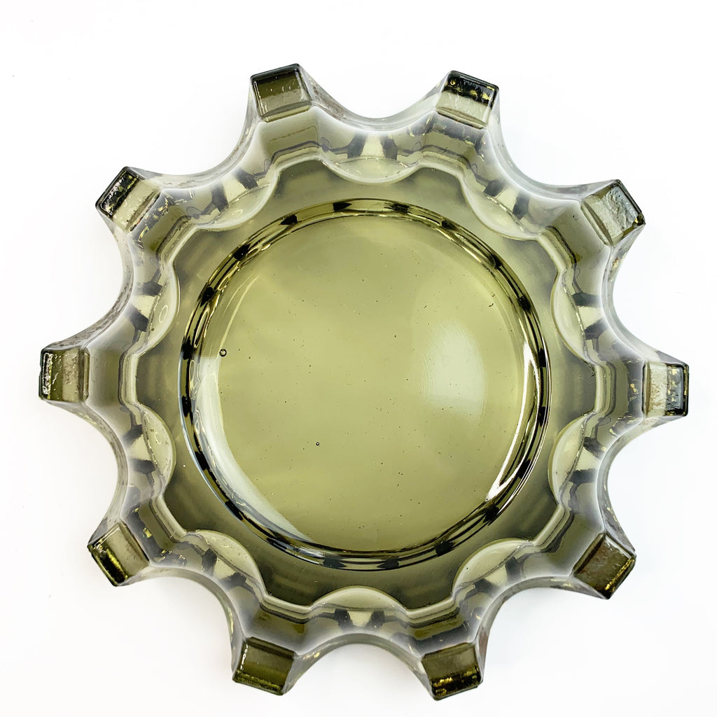 Vintage Mid Century Heavy Olive Green Glass Ashtray