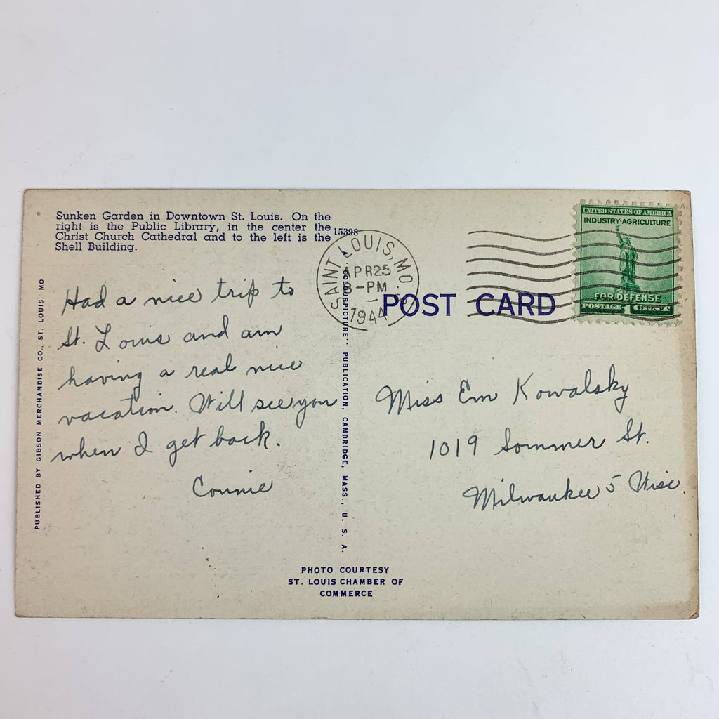 Sunken Gardens St Louis Missouri MO Linen Postcard