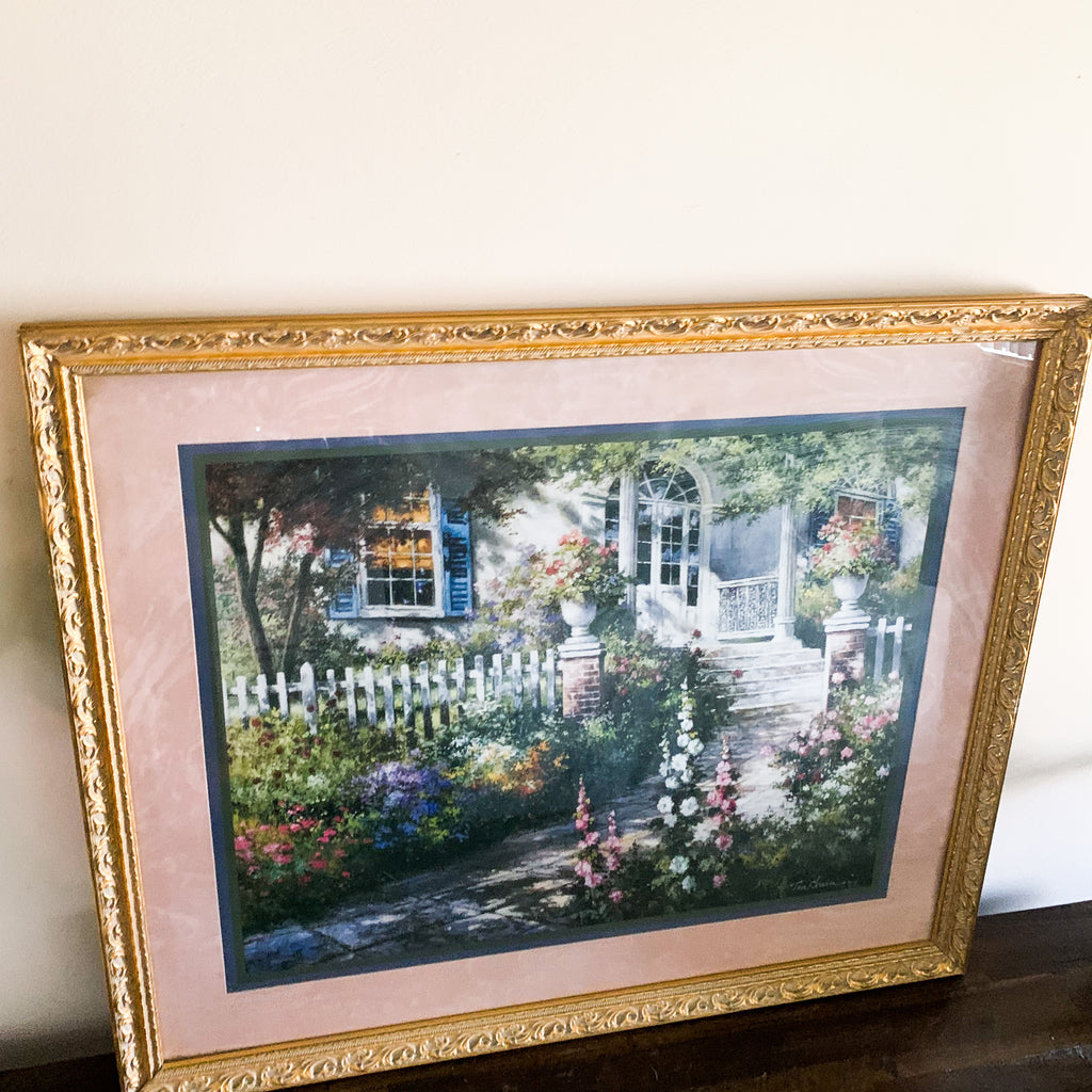 Home Interior Picture Glass Framed Print "Floral Welcome" Pink Gold Designer Series