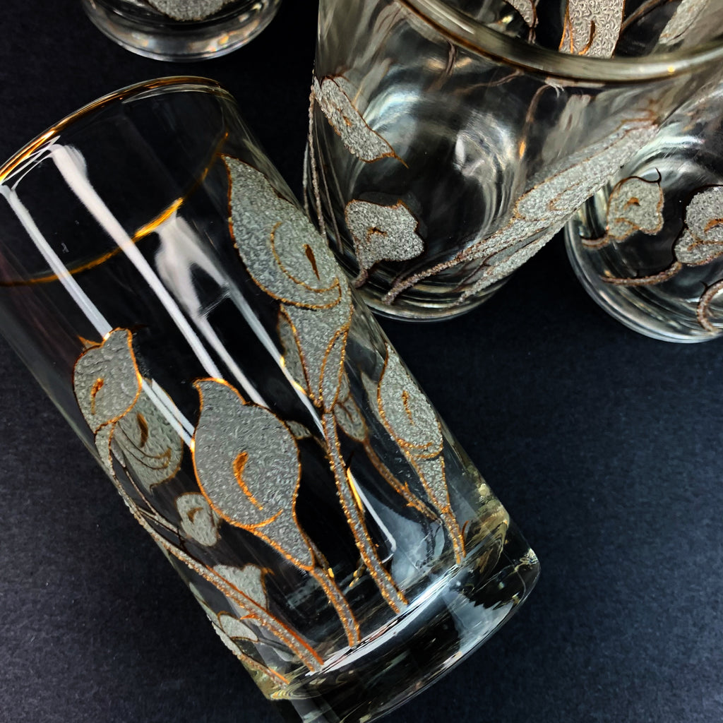 Vintage Lily Embossed Gold Rim Drinking Glasses