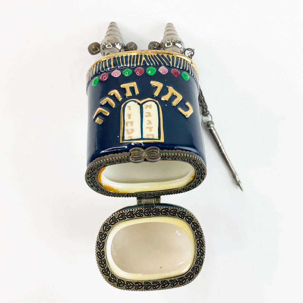 Porcelain Hinged Trinket Box Jewish Torah Scroll