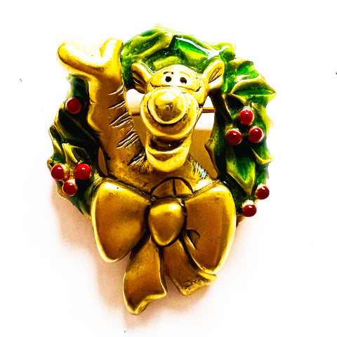 Disney Christmas Wreath  Gold Tone Green Enamel Tigger Brooch Pin