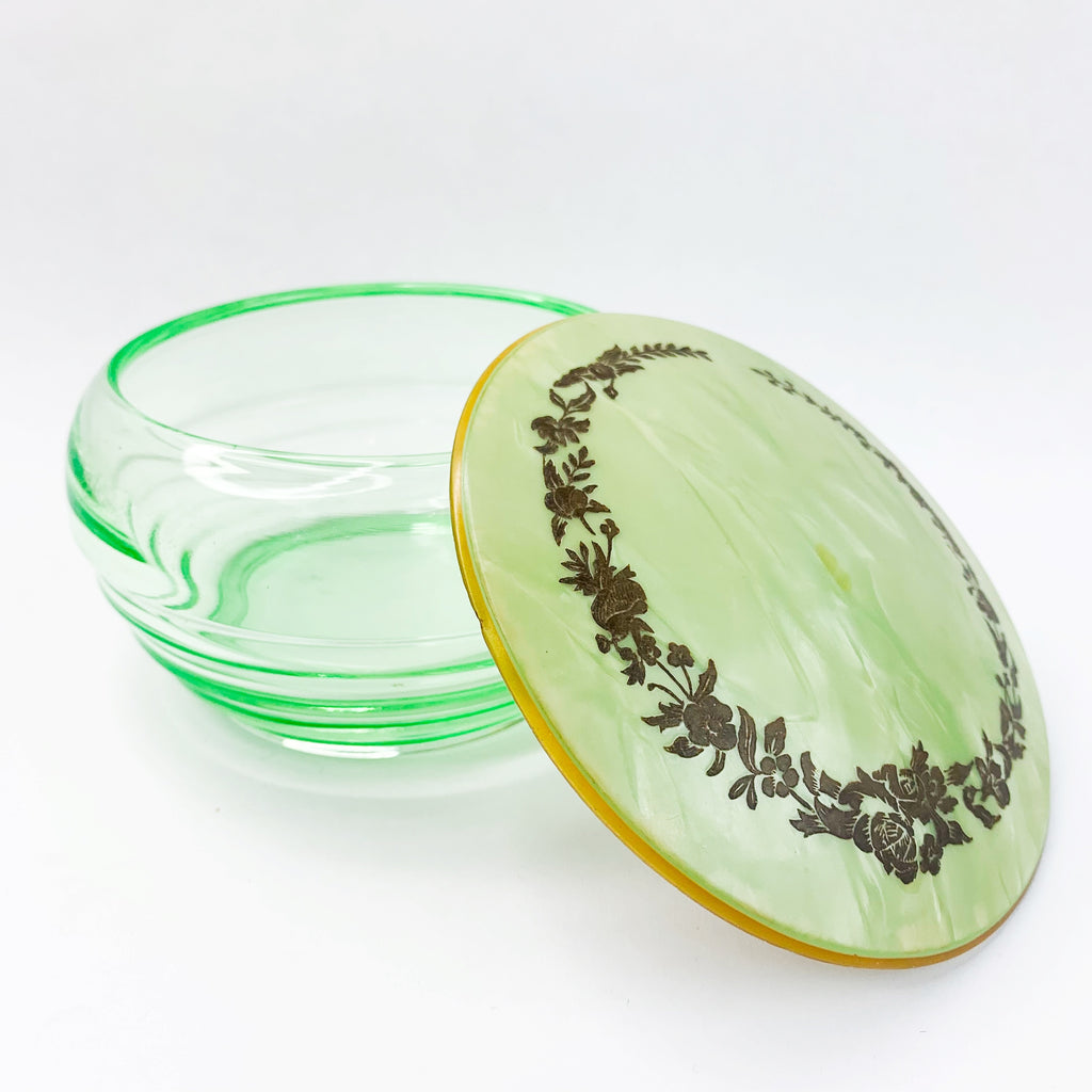 Vintage Green Depression Glass with Lid