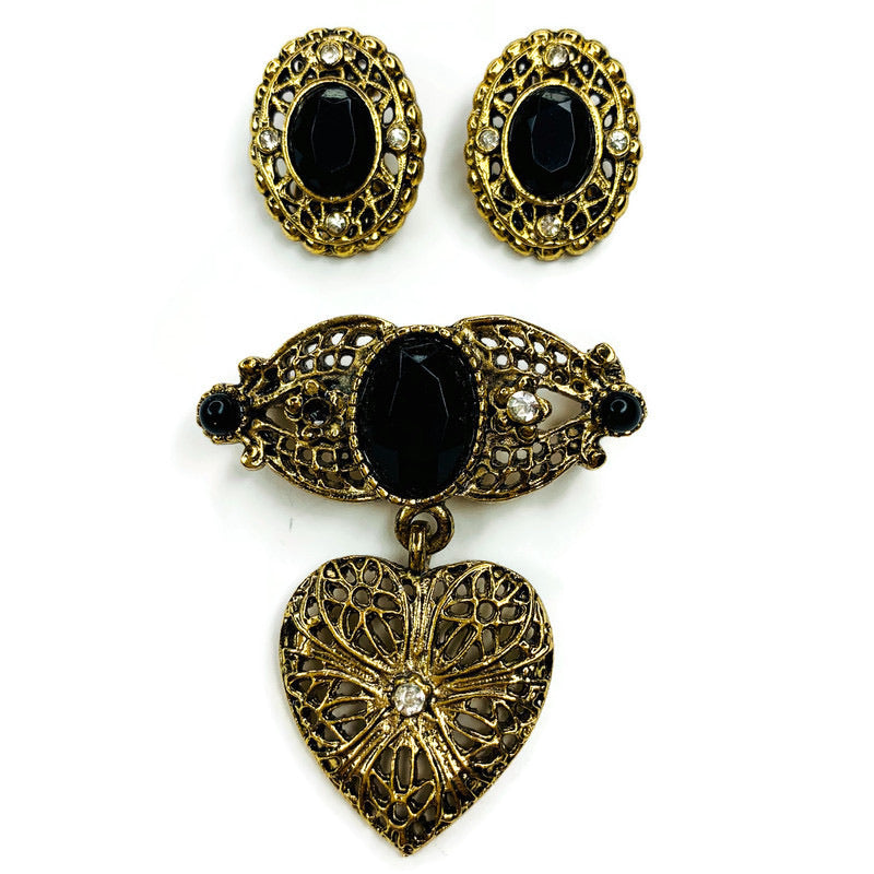 Vintage Filigree Heart Dangle Brooch Earring Set