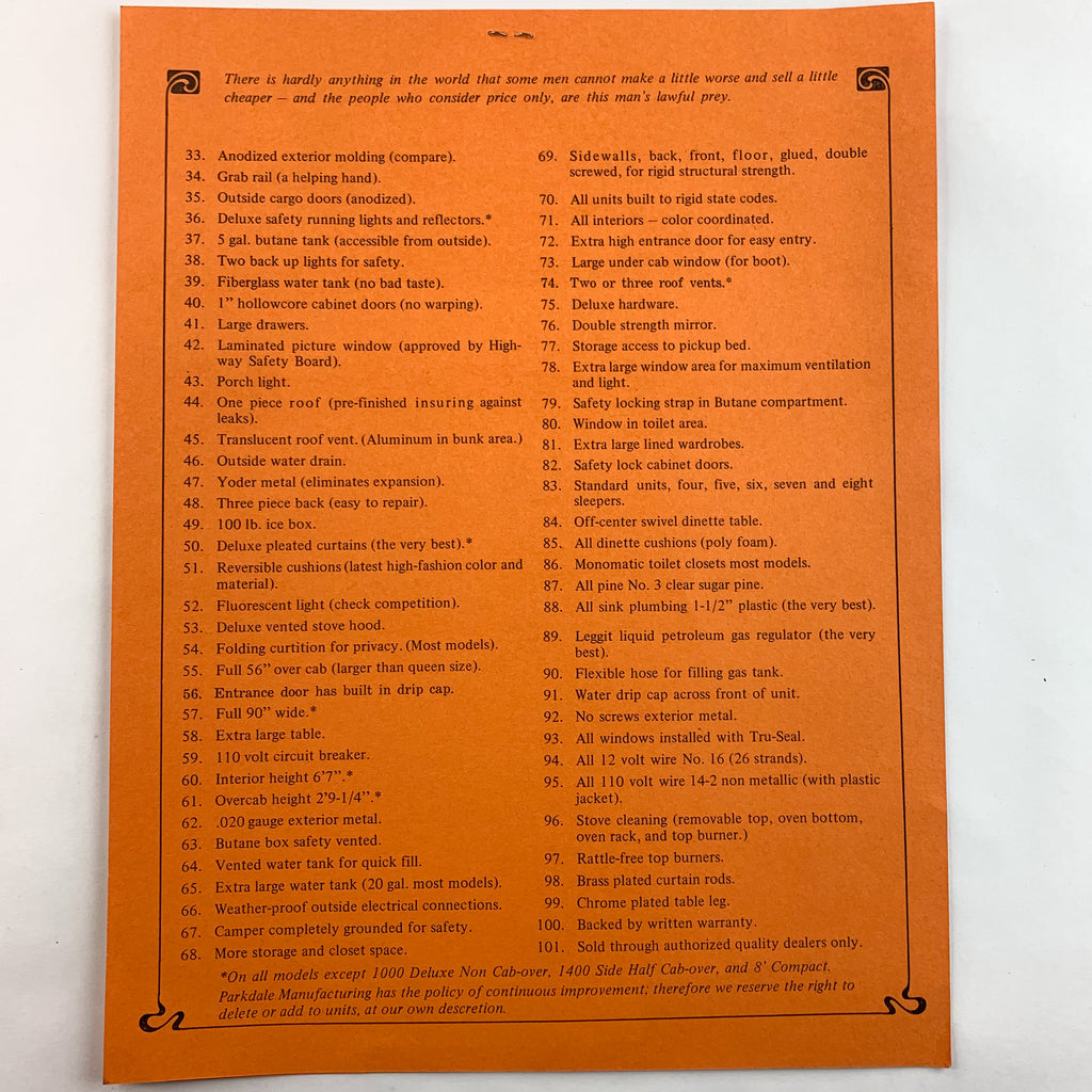Vintage Parkdale Camper Dealer Paper Flyer Floorplan Ad
