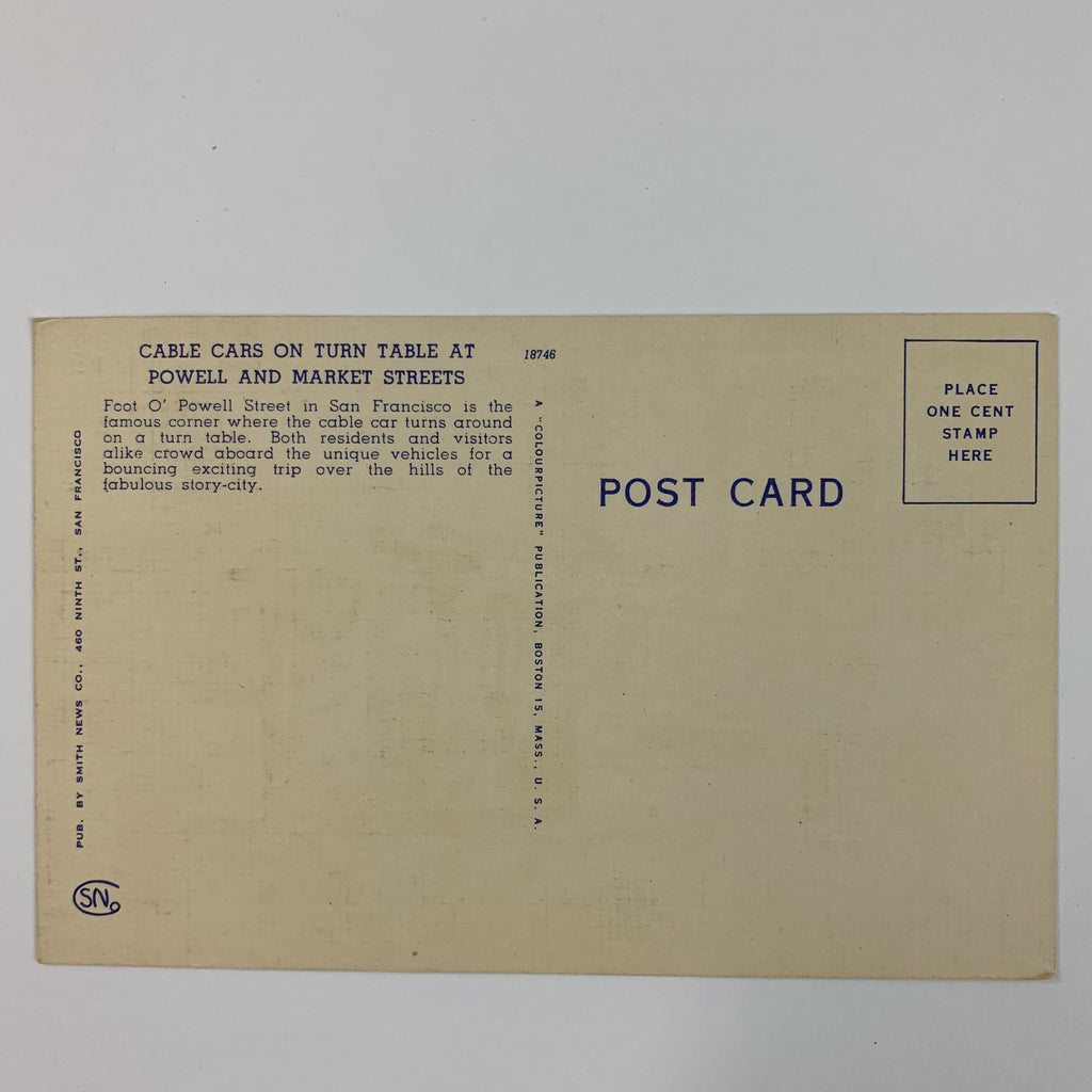 San Francisco California Cable Car on turn table Powel Market Street CA Postcard
