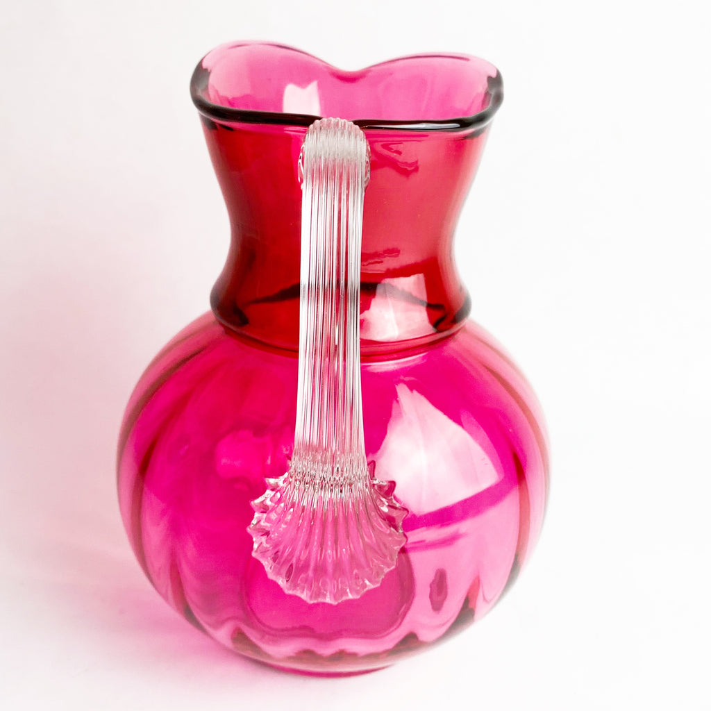 Vintage Fenton Cranberry Glass Clear Handle Pitcher