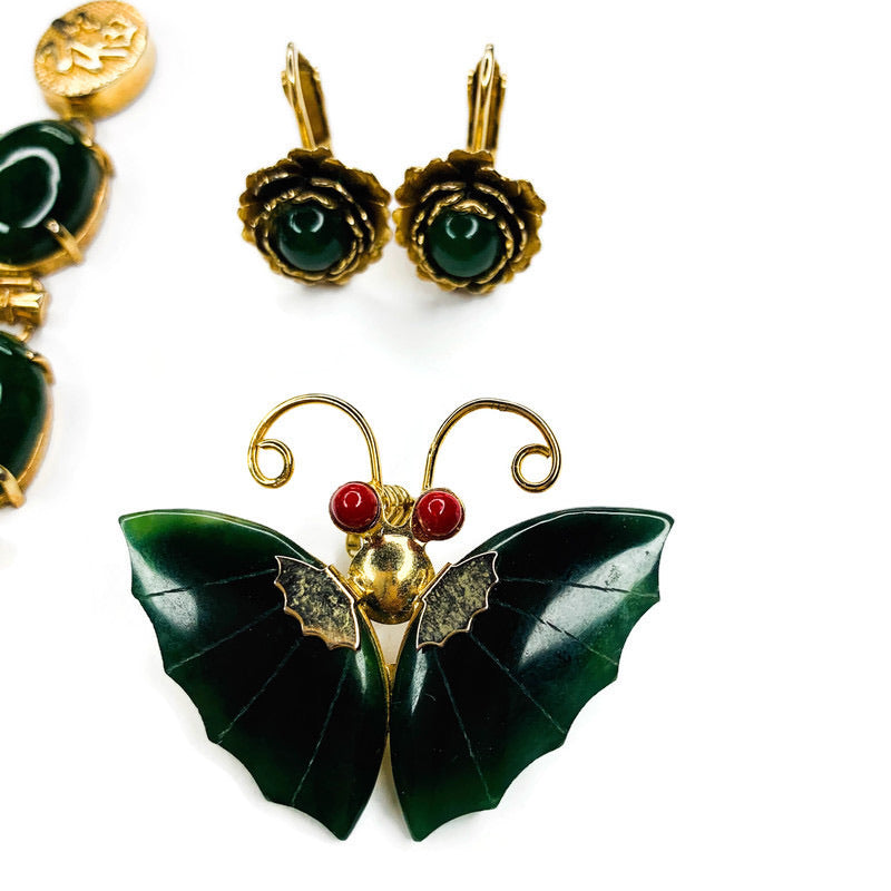 Vintage Dynasty Carved Dark Green Jade Bracelet Earring & Butterfly Pin