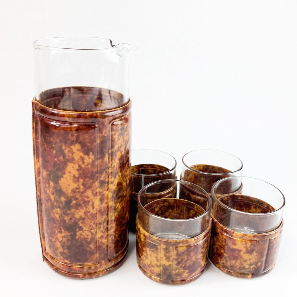 Vintage Tortoise Shell Padded Bar Rocks Glasses & Pitcher