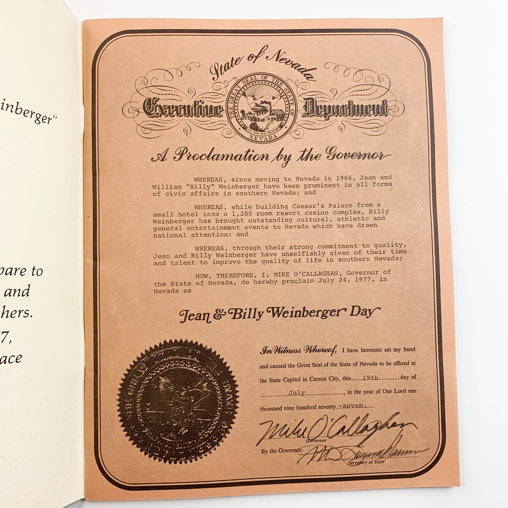 1977 A Night With Jean And Billy Weinberger Ceasars Palace Las Vegas Program