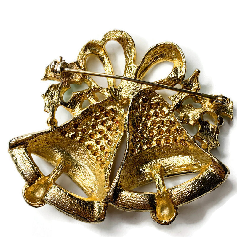 Vintage Christmas Tree Bells Enamel Rhinestone Pin Brooch