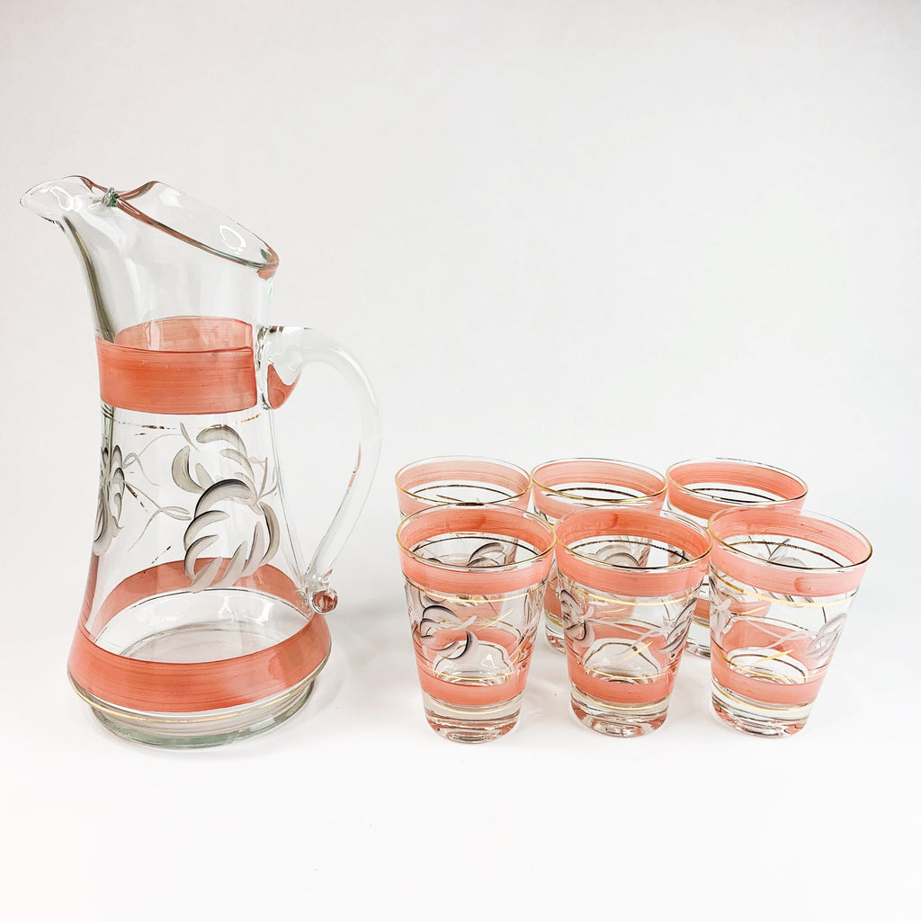 Vintage Hand Painted Pitcher & Glasses w/Gold Trim