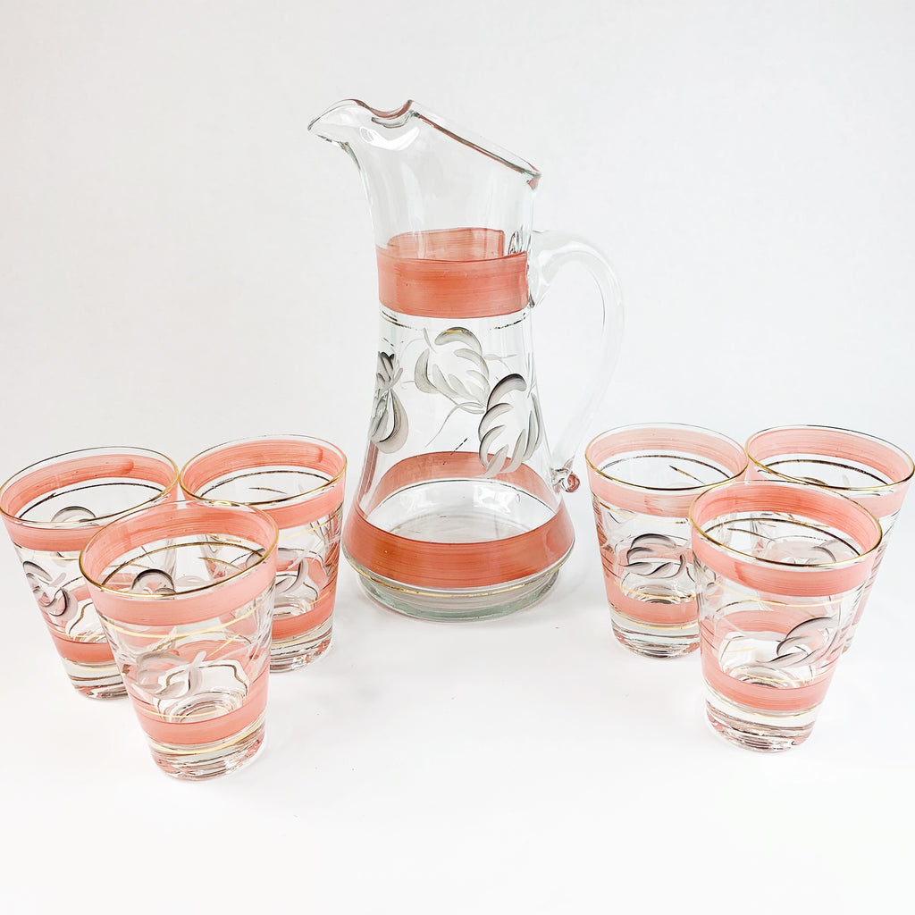 Vintage Hand Painted Pitcher & Glasses w/Gold Trim
