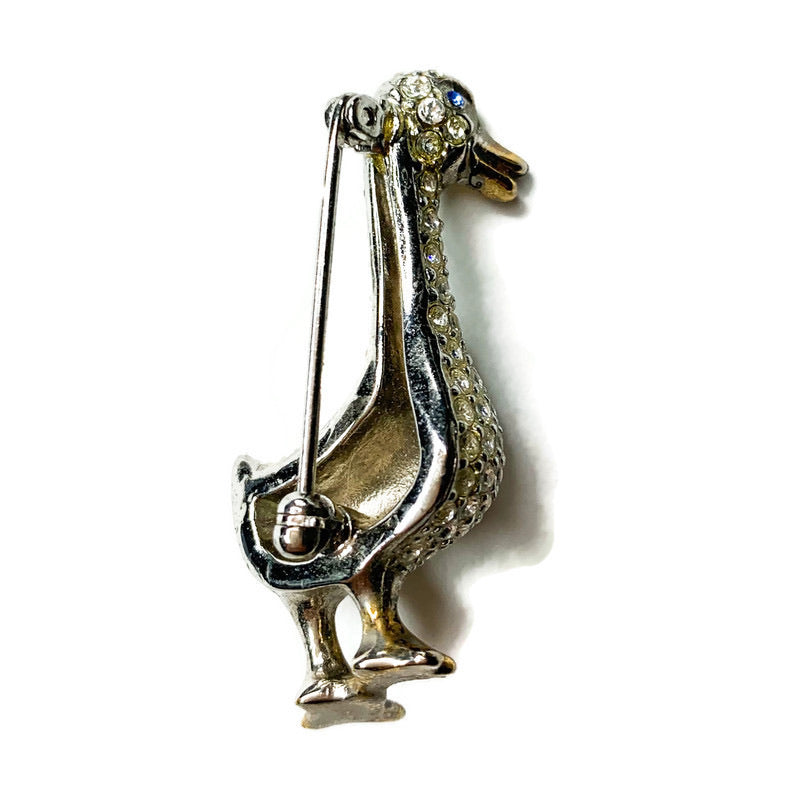 Vintage Rhinestone Blue Eye Duck Brooch Pin