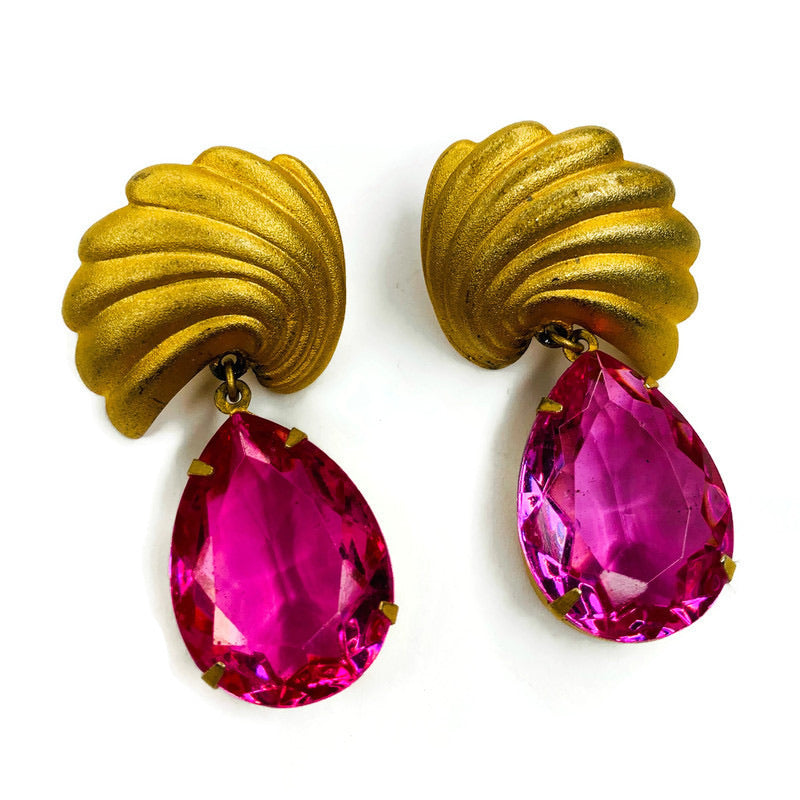 Vintage Pink Stone Drop Shell Post Earrings