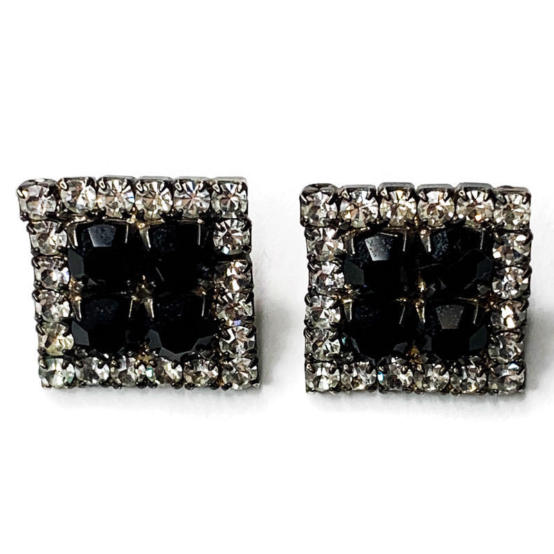 Vintage Silver Tone Rhinestones Square Earrings