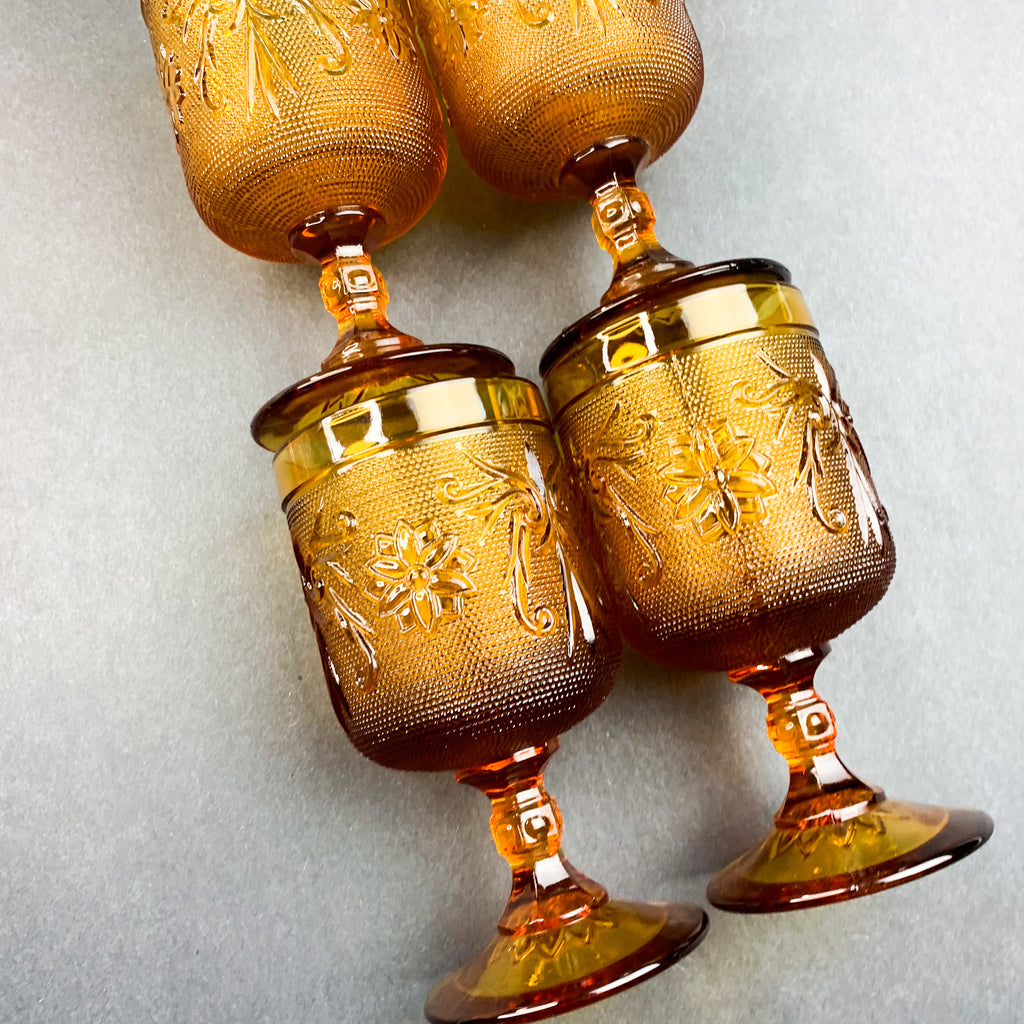 Vintage Tiara Indiana Amber Glass Goblet Cups