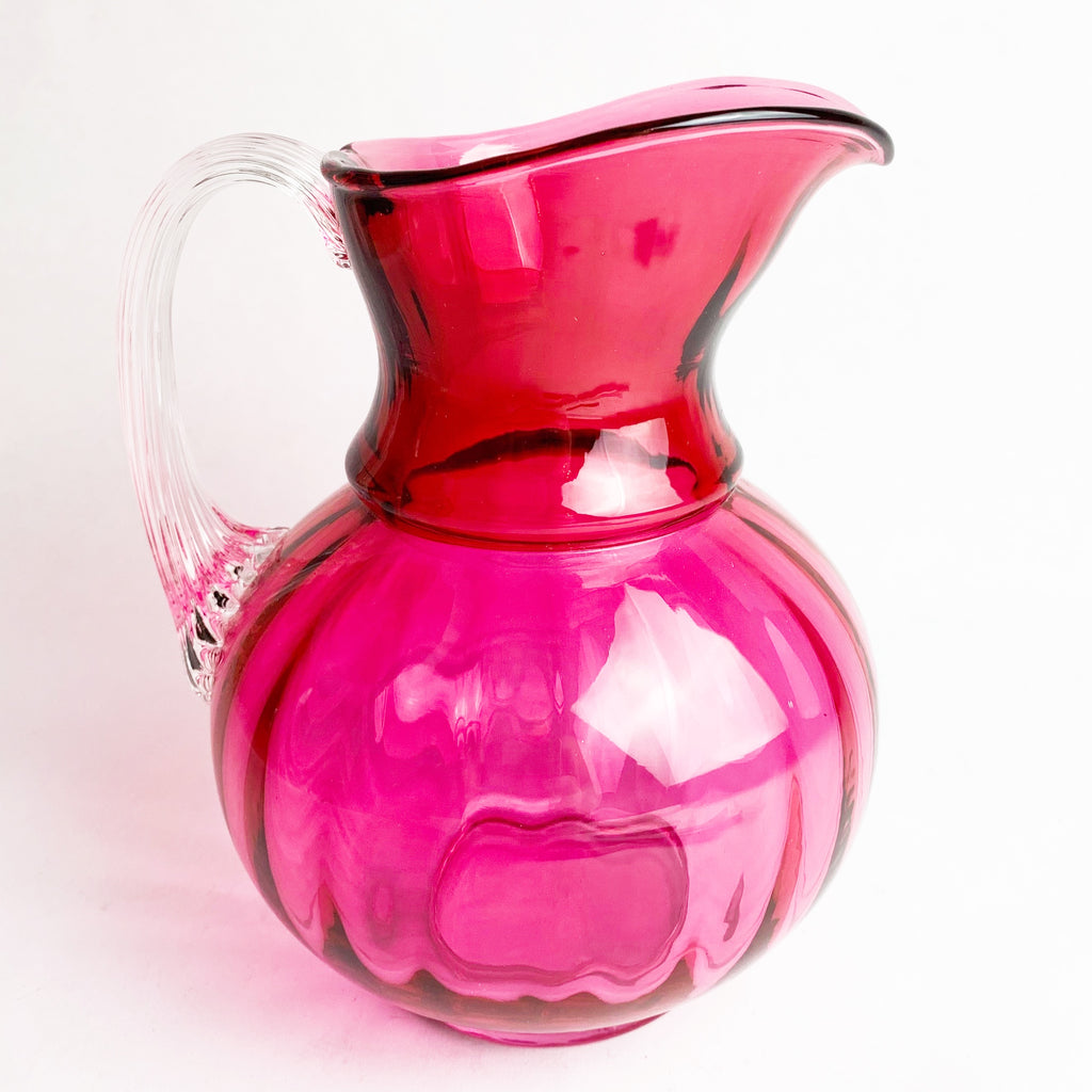 Vintage Fenton Cranberry Glass Clear Handle Pitcher