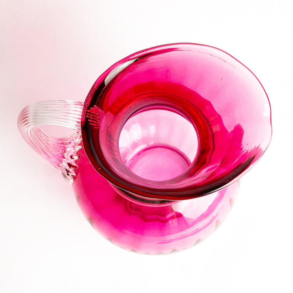 Vintage Fenton Cranberry Glass Clear Handle Pitcher