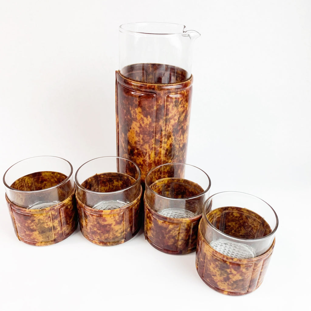 Vintage Tortoise Shell Padded Bar Rocks Glasses & Pitcher