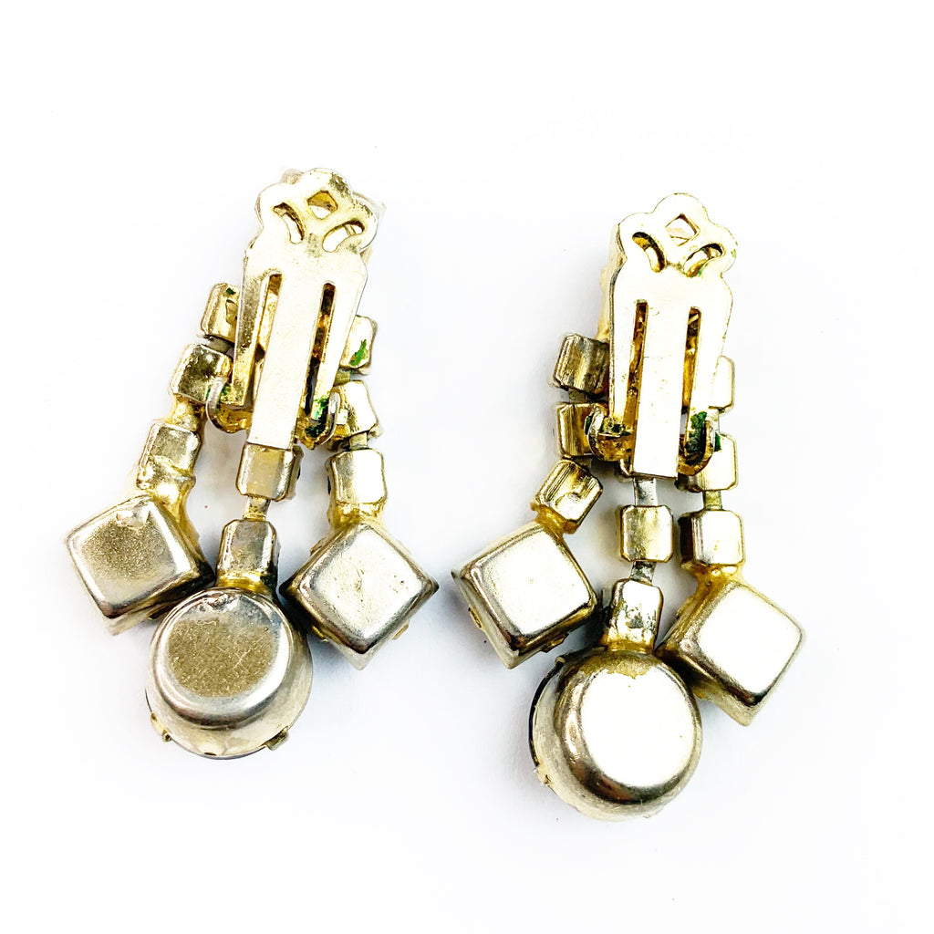 Vintage Drop Blue Rhinestone Dangle Clip On Earrings