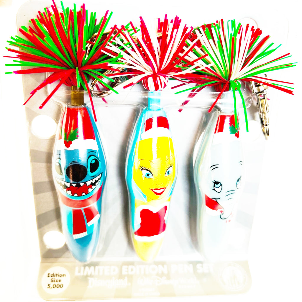 Disney Parks Kookys Pens Set of 3 Stitch Tinkerbell Dumbo Christmas LE 5000