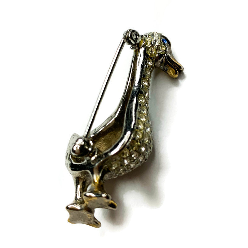 Vintage Rhinestone Blue Eye Duck Brooch Pin