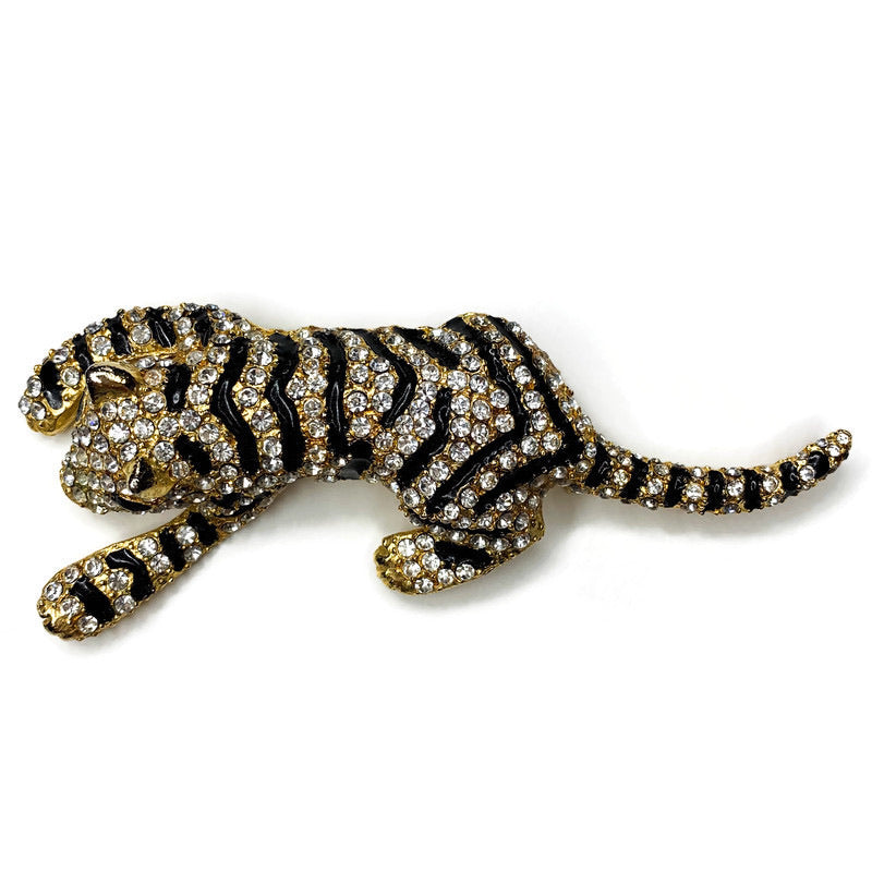 Vintage Rhinestone Tiger Brooch Gold Plated Pin
