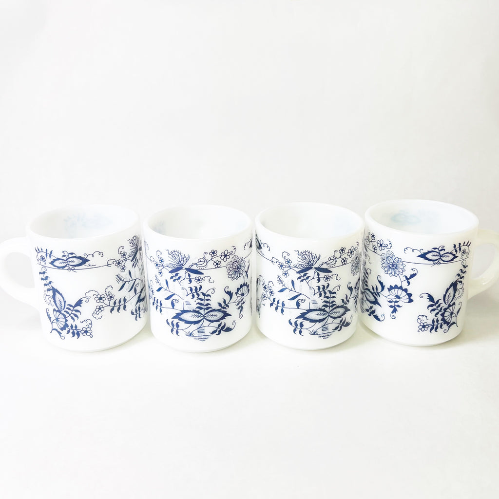 Vintage Glassbake Blue Onion Milk Glass Mugs