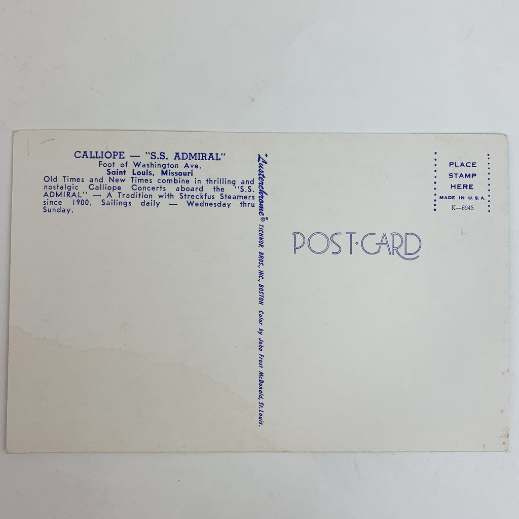 Calliope S.S. Admiral Foot of Washington Saint Louis St Louis Missouri Postcard