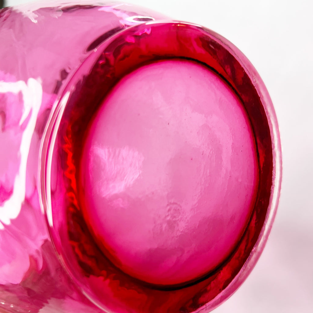 Vintage Cranberry Pink Pitcher with Applied Clear Glass Ribbed Handle.