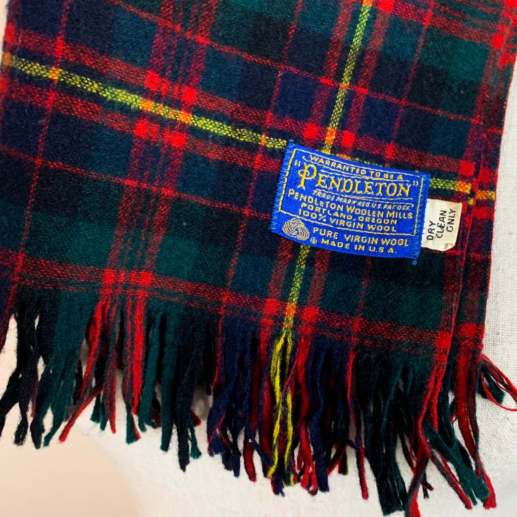 Vintage Pendleton Plaid Virgin Wool Fringe Scarf