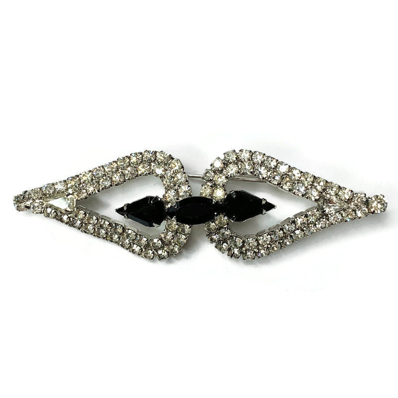 Vintage Rhinestone Clear Black Crystal Point Brooch Pin