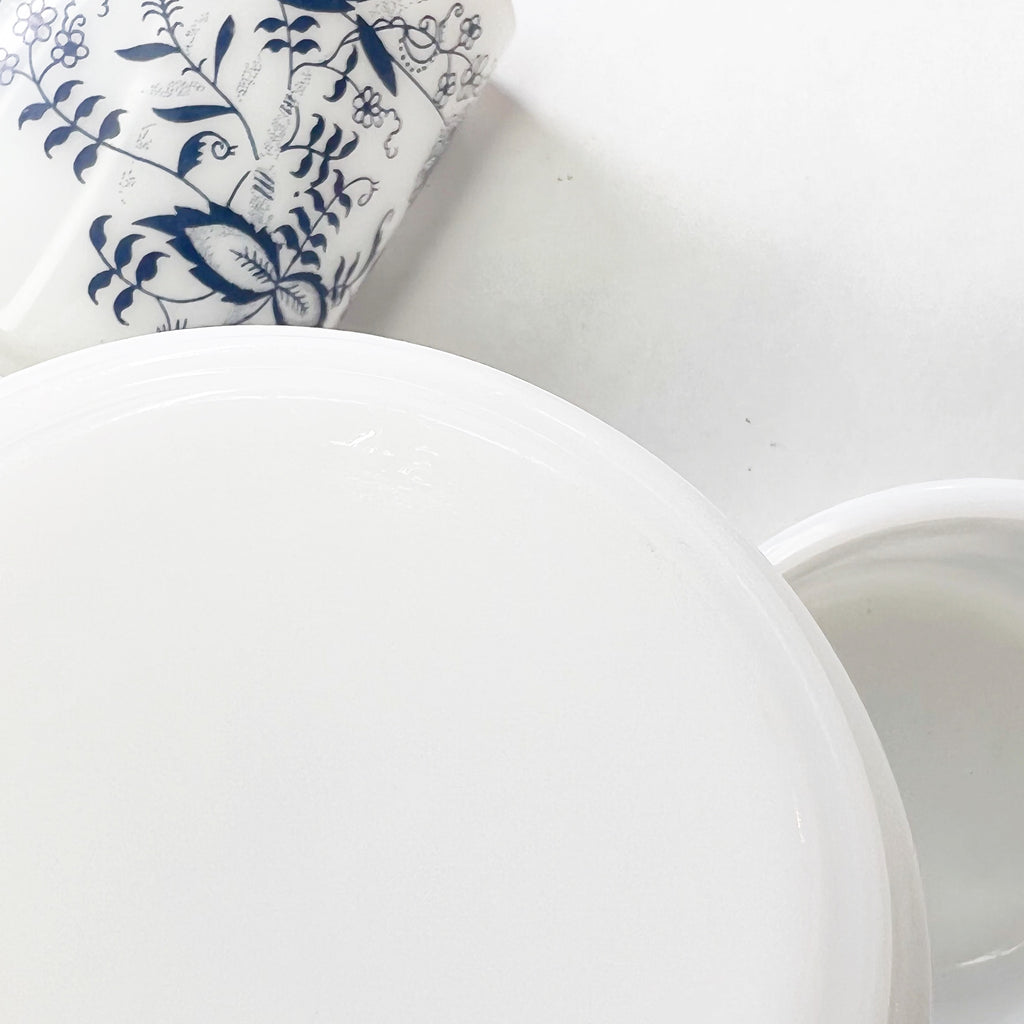 Vintage Glassbake Blue Onion Milk Glass Mugs