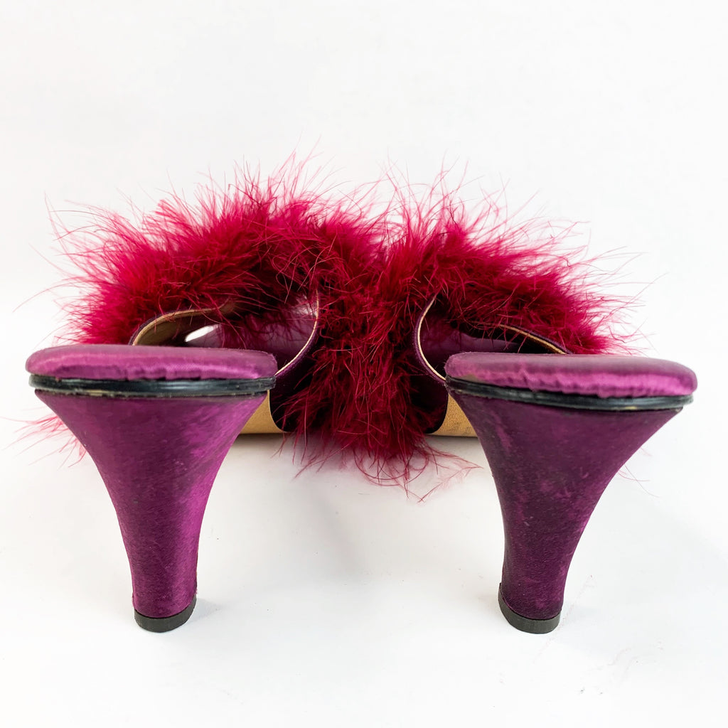Marabou Burgundy Slip On Satin Heels