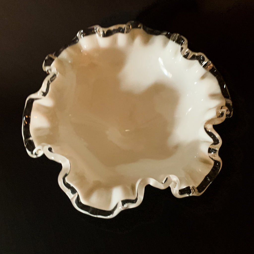 Vintage Milk Glass Ruffed Edge Candy Bowl Dish