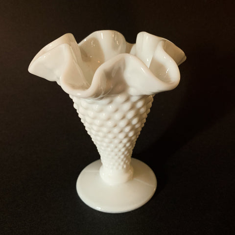 Vintage Milk Glass Pedestal Hobnail Ruffled Edge Vase