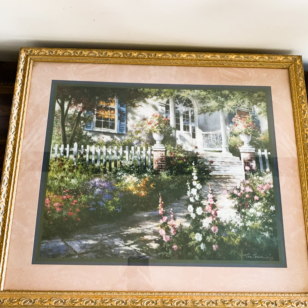 Home Interior Picture Glass Framed Print "Floral Welcome" Pink Gold Designer Series