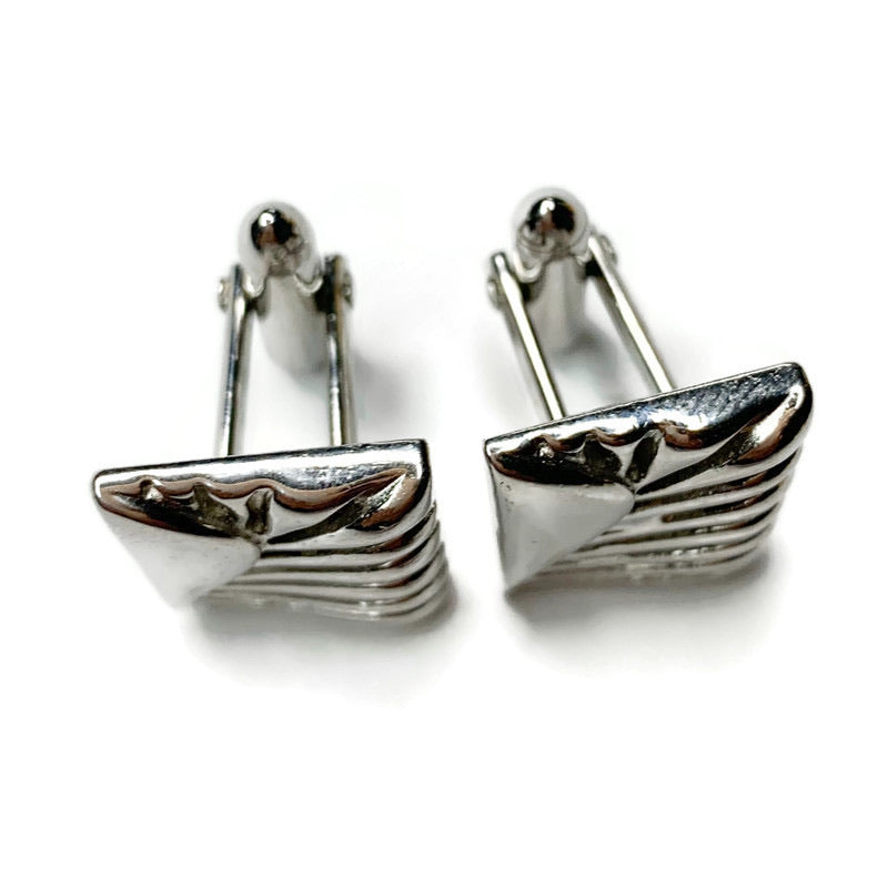 Vintage Cuff Links Silver Tone Ribbed Edge