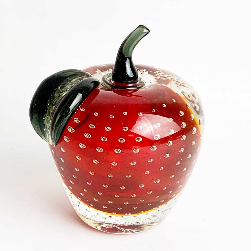 Murano Red Apple Green Stem Paperweight Bubbles