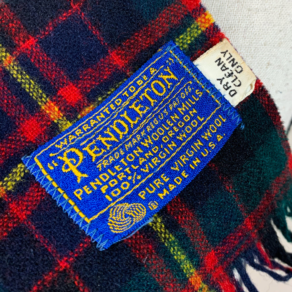 Vintage Pendleton Plaid Virgin Wool Fringe Scarf