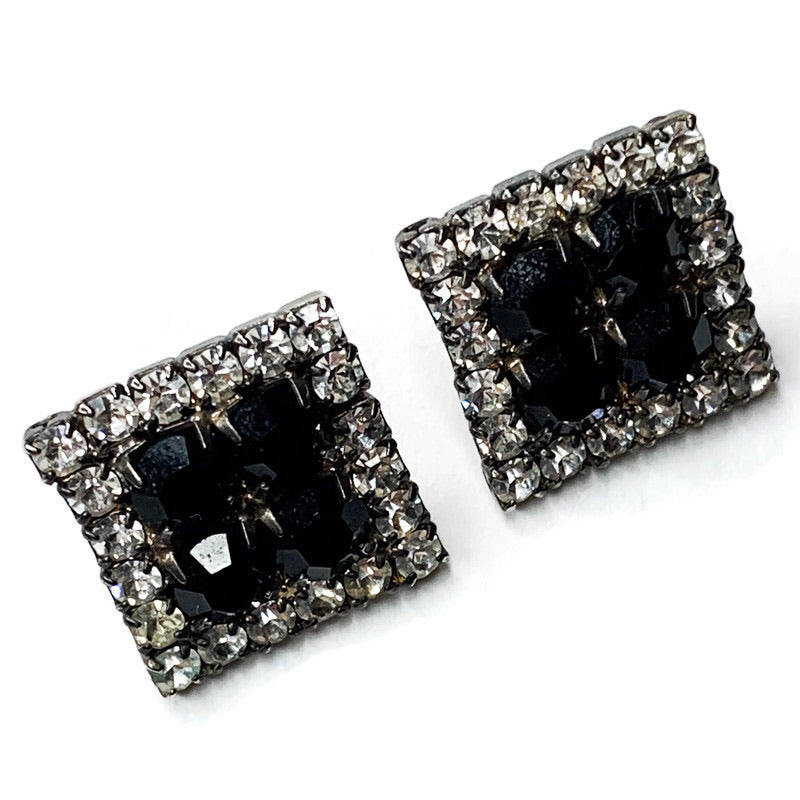 Vintage Silver Tone Rhinestones Square Earrings