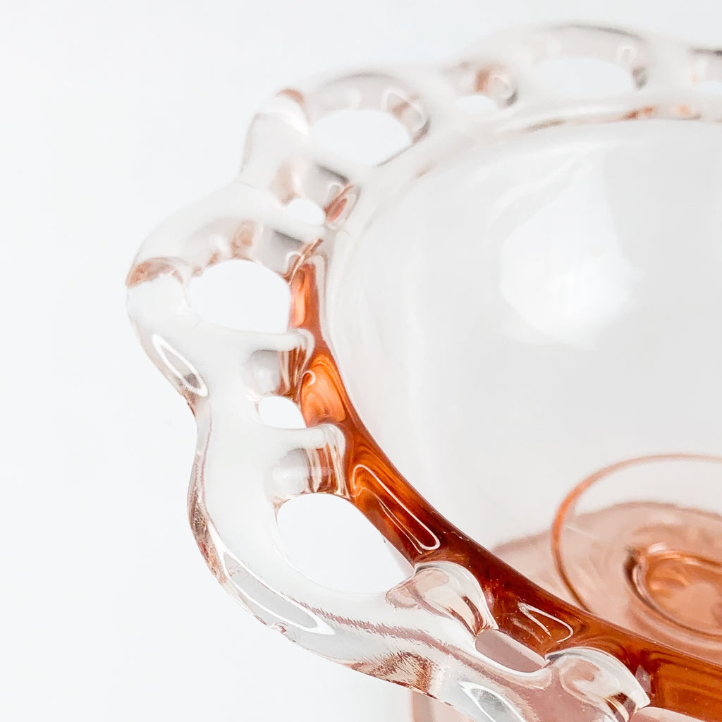 Vintage Pink Glass Open Lace Glass Footed Pedestal Bowl