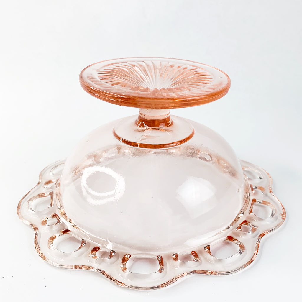 Vintage Pink Glass Open Lace Glass Footed Pedestal Bowl