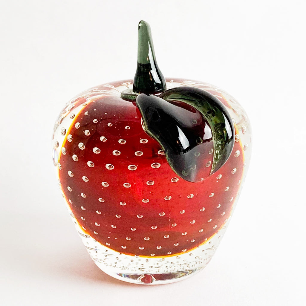 Murano Red Apple Green Stem Paperweight Bubbles
